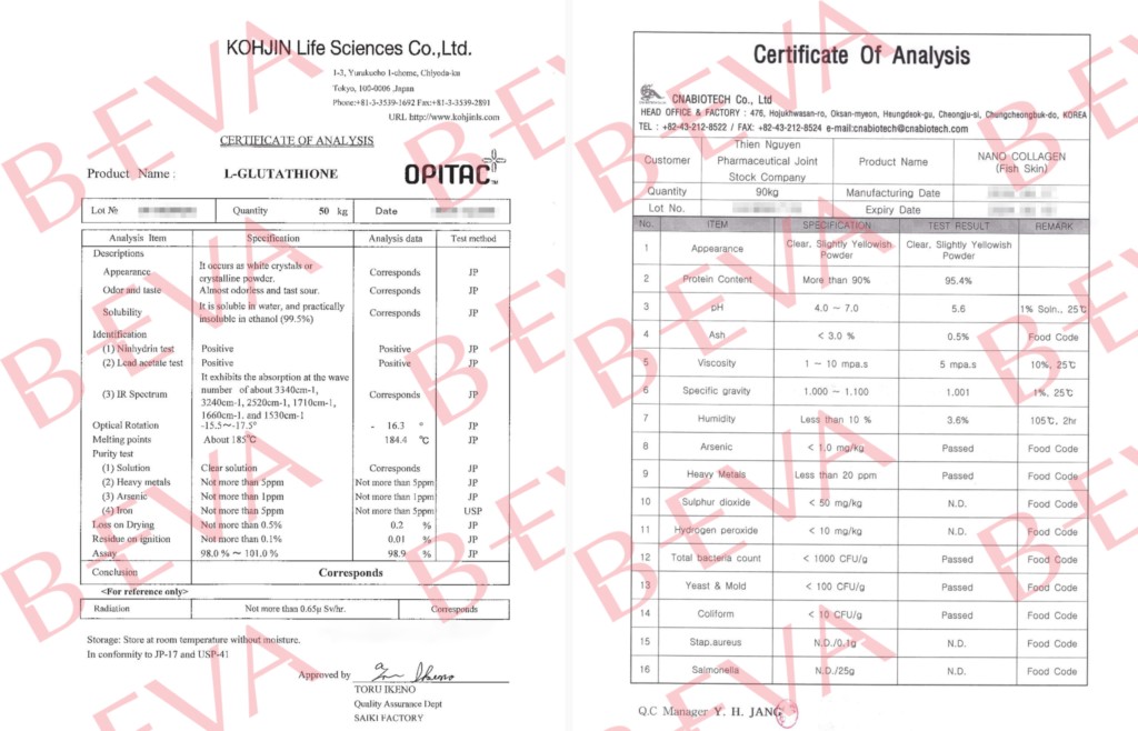 Giấy chứng nhận phân tích (Certificate of Analysis) nhập khẩu chính hãng L-Glutathione từ Nhật Bản, và Nano Collagen từ Hàn Quốc